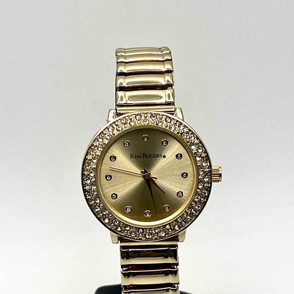 Kim Rogers Gold Stretch Bracelet Watch with Crystal Bezel 6.5" New Battery - Picture 3 of 13